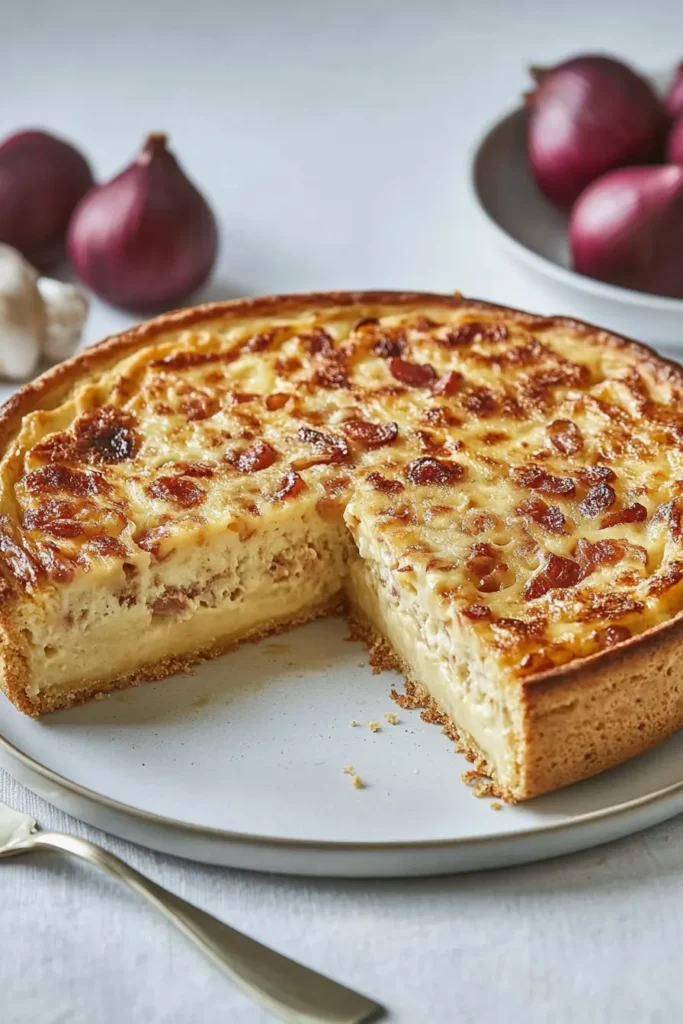 Zwiebelkuchen – Herzhafter Genuss mit Speck & Schmand 1 Cremige Schmand-Zwiebel-Füllung mit knusprigem Speck