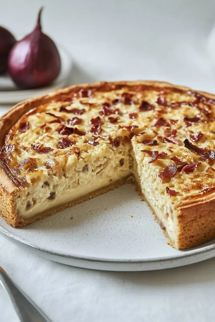 Zwiebelkuchen – Herzhafter Genuss mit Speck & Schmand 2 Goldbrauner Zwiebelkuchen frisch aus dem Ofen