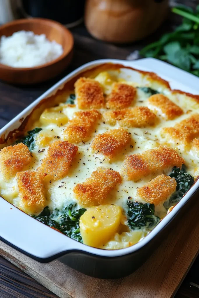 Fischstäbchen-Auflauf mit Kartoffeln und Spinat 1 Fischstäbchen-Auflauf