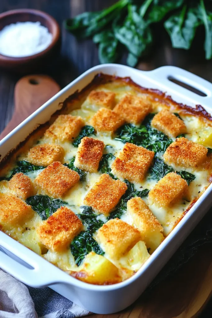 Fischstäbchen-Auflauf mit Kartoffeln und Spinat 3 Fischstäbchen-Auflauf