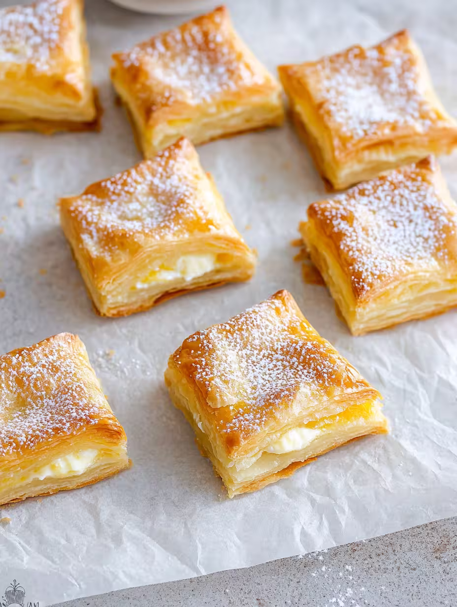 Quarktaschen Rezept – Wie vom Bäcker, einfach selbstgemacht 5 Golden Puff Pastry Squares with Powdered Sugar