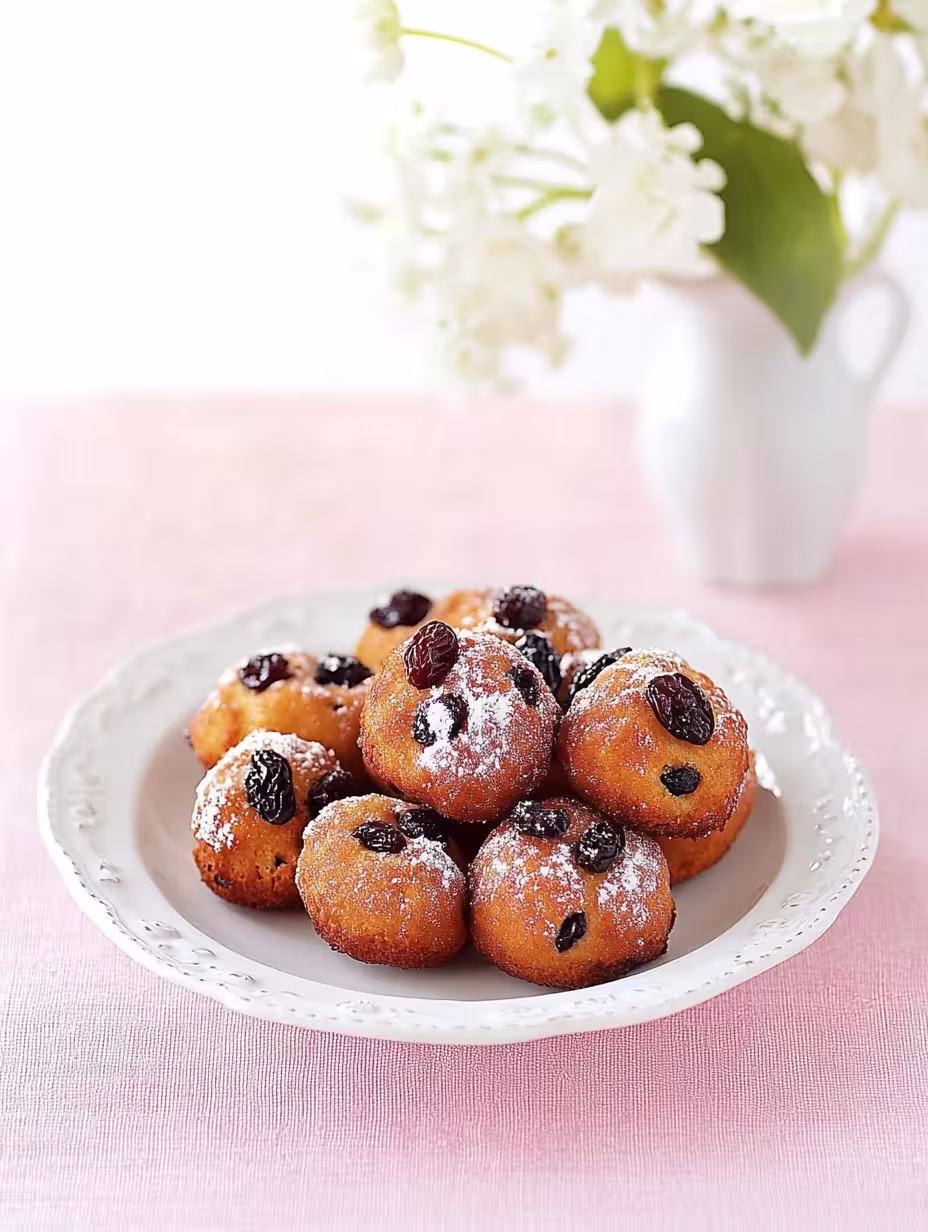 Quarkbällchen mit Rosinen – Klassisches Rezept 5 Golden Quarkbällchen Dusted with Powdered Sugar