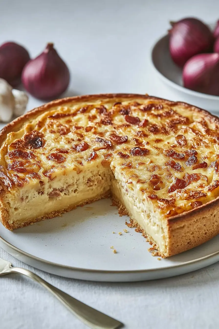 Zwiebelkuchen – Herzhafter Genuss mit Speck & Schmand 5 Cremige Schmand-Zwiebel-Füllung mit knusprigem Speck