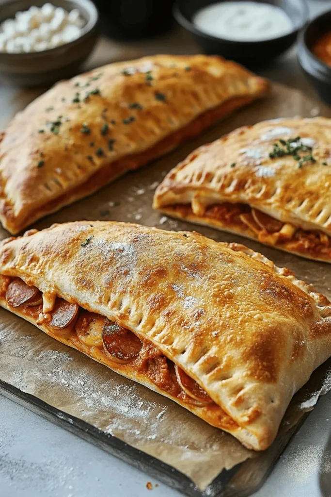 Hausgemachte Calzone – gefüllte Pizzatasche mit Käse, Schinken & Salami Hausgemachte Calzone – gefüllte Pizzatasche mit Käse, Schinken & Salami