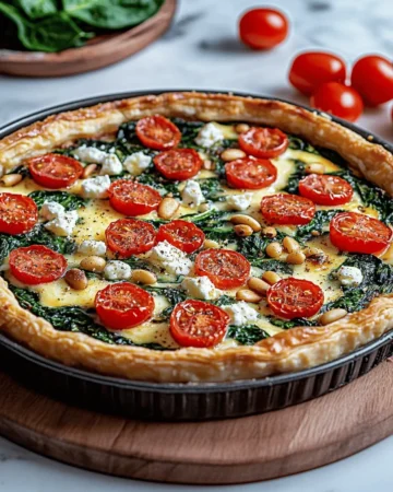 Quiche mit Spinat, Feta, Tomaten und Pinienkernen